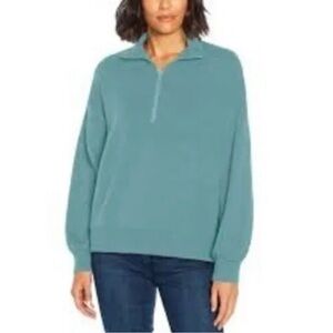 Three Dots Sweater Relaxed Fit Cozy Quarter-Zip Nile Blue Long Sleeve Pullover